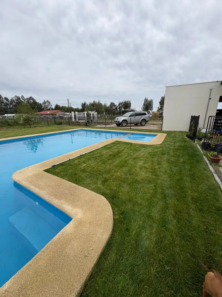 Césped recién instalado hasta el borde de una piscina en una parcela